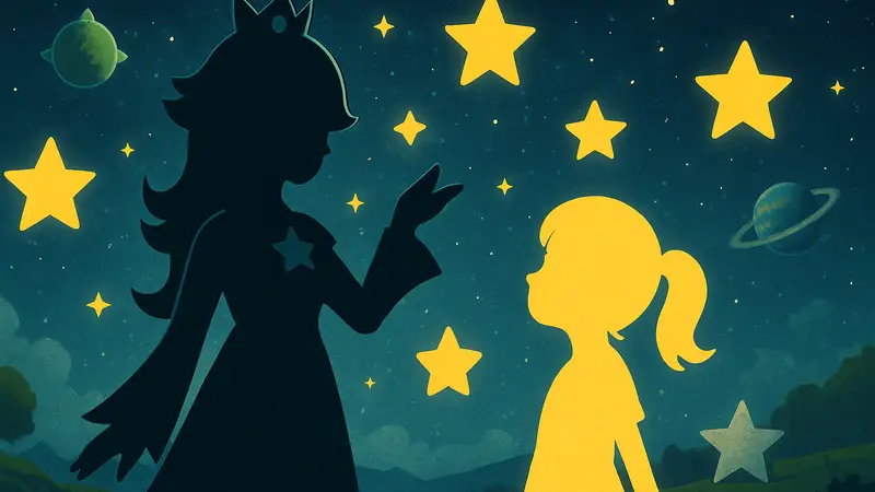 Розалина и юная блондинка из новой главы Super Mario Galaxy 2, окружённые звёздами.