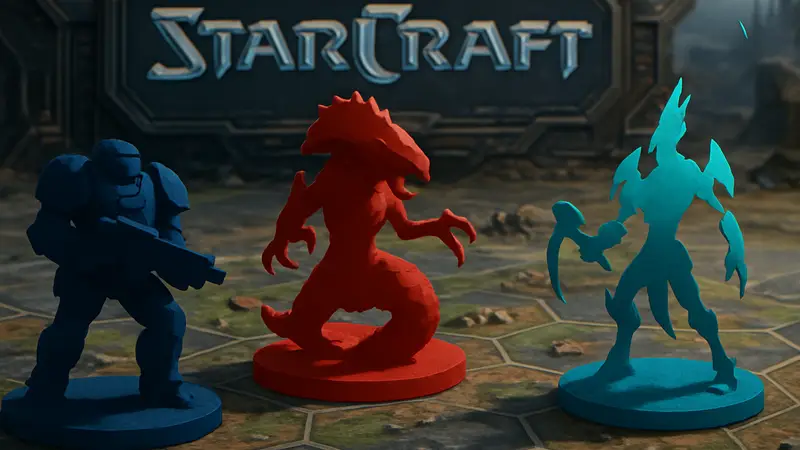 Миниатюры терранов, зергов и протоссов на игровом поле StarCraft: Tabletop Miniatures Game.
