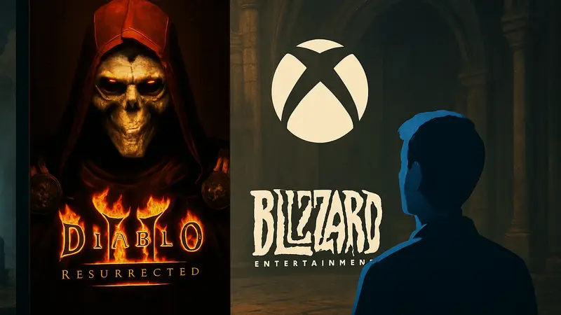 Diablo 2 Resurrected в Xbox Game Pass. Обложка игры Diablo II: Resurrected, логотипы Xbox и Blizzard.