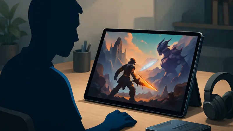 Игровой планшет REDMAGIC Astra 2 на столе с запущенной игрой, демонстрирующий его яркий дисплей.