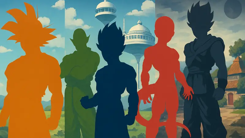 Кадры с ключевыми персонажами из различных арок Dragon Ball