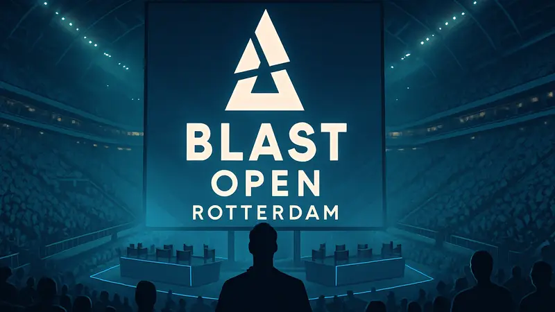 Логотип турнира BLAST Open Rotterdam по CS2 на фоне киберспортивной арены.