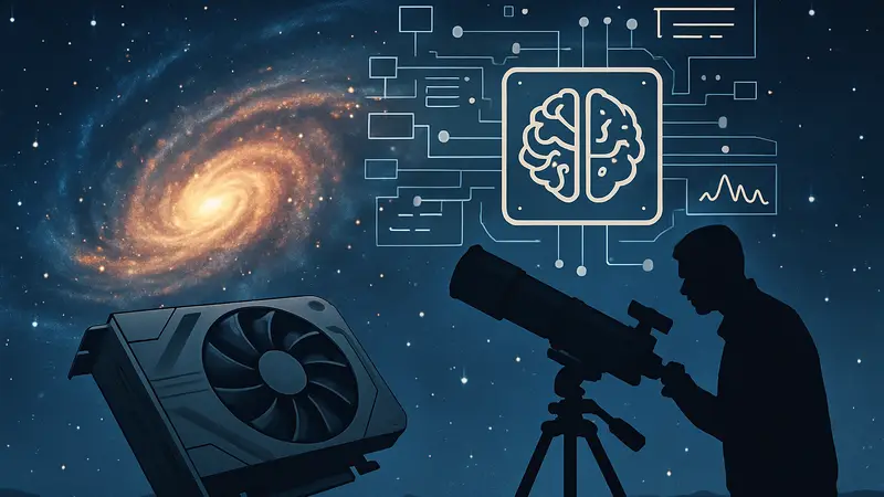 Изображение галактики с наложенным интерфейсом ИИ, графический процессор, телескоп, космическое пространство.