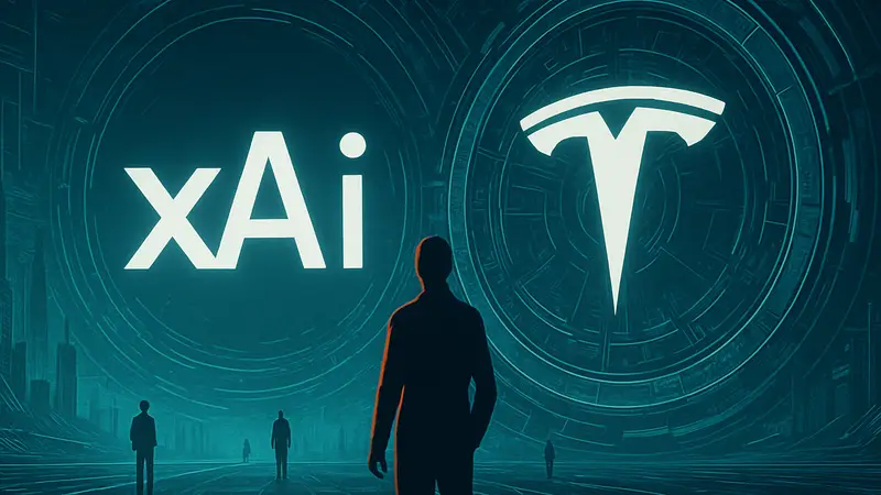 Логотип xAI на фоне футуристического дизайна и эмблемы Tesla