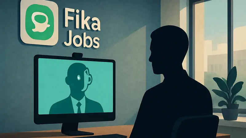 Логотип Fika Jobs и схематическое изображение ИИ-агента, проводящего видеоинтервью