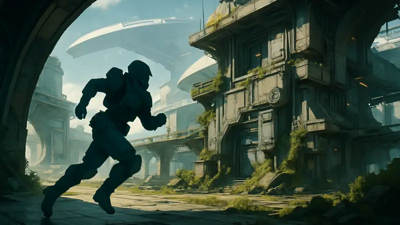 Игрок в броне бежит по футуристической локации в шутере Marathon от Bungie, концепт-арт