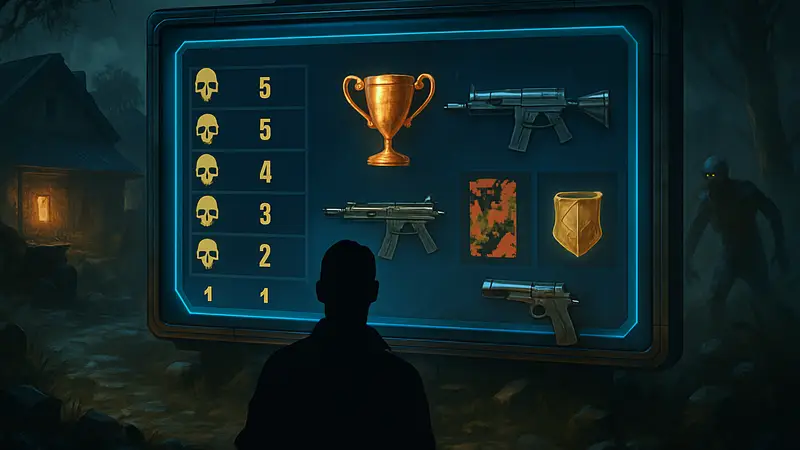 Скриншот Dead Ops Arcade 4 в Black Ops 7 Zombies с наградами и таблицей лидеров.