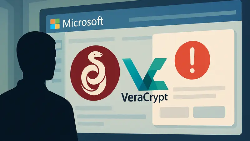 Логотипы WireGuard и VeraCrypt на фоне интерфейса Microsoft с уведомлением о блокировке