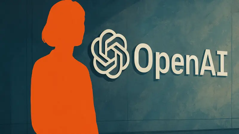 Кейтлин Калиновски, бывший руководитель отдела робототехники OpenAI, на фоне логотипа компании.