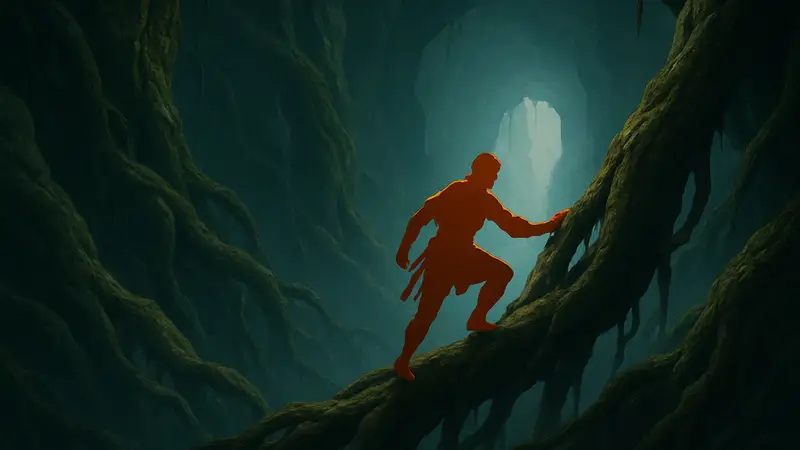 Персонаж Crimson Desert карабкается по гигантским корням в Бездне, следуя к тайне.