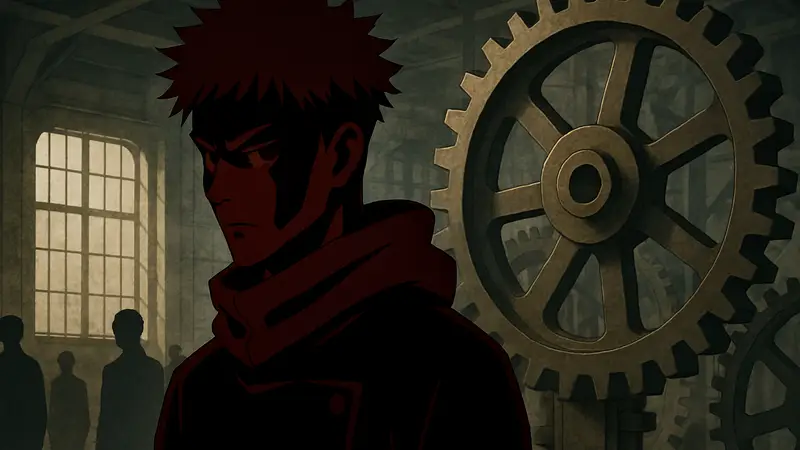 Юдзи Итадори из аниме Jujutsu Kaisen с серьёзным выражением лица, символизирующим его роль в системе.