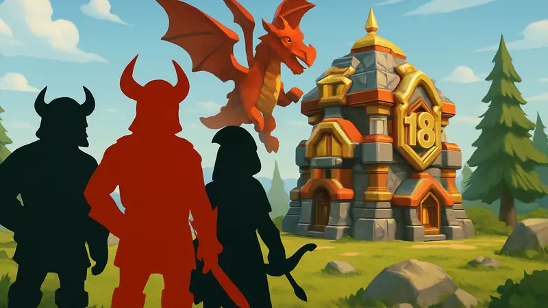 Герои Clash of Clans, Dragon Duke, новая ратуша (Town Hall 18) на фоне.