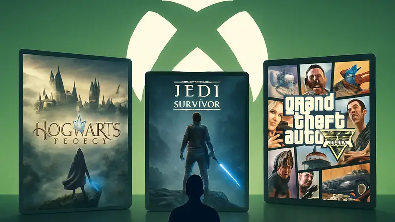Изображение: обложки игр Hogwarts Legacy, Star Wars Jedi: Survivor и GTA V на фоне логотипа Xbox.
