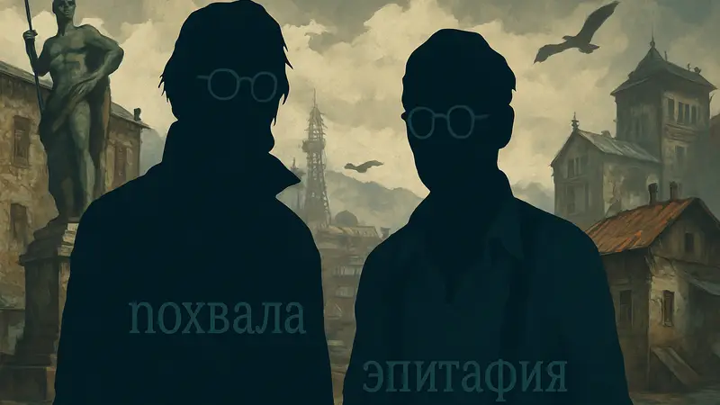 Персонажи Disco Elysium с надписью "похвала" и "эпитафия" на фоне, символизирующей горькую славу.