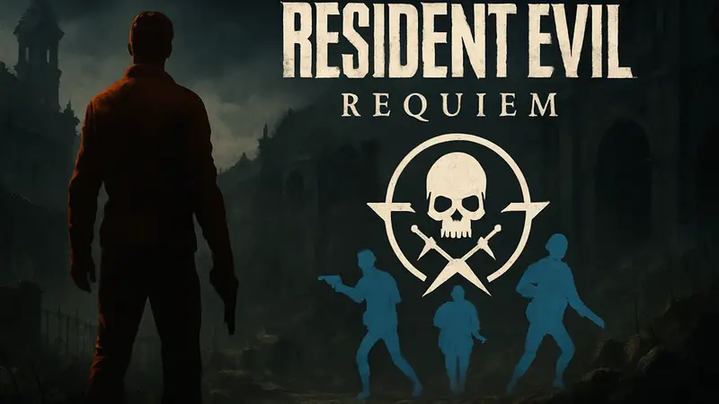 Логотип Resident Evil Requiem и символ режима Наёмники на темном фоне.