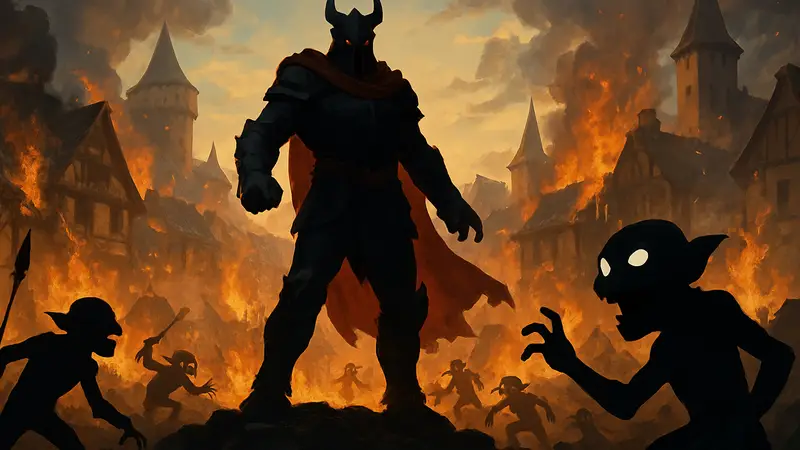 Изображение главного злодея из игры Overlord, окруженного миньонами, творящими хаос в фэнтези-мире.