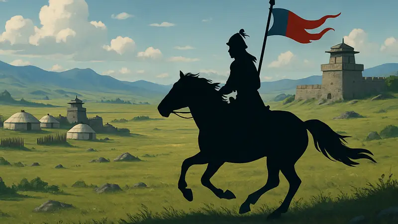 Геймплейный скриншот The Legend of Khiimori с всадником на лошади, скачущим по средневековым монгольским степям.