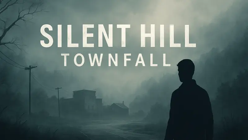 Логотип Silent Hill: Townfall на фоне туманного пейзажа, символизирующего страх