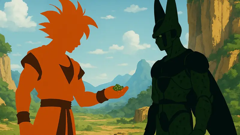 Гоку из Dragon Ball Z предлагает бобы Сендзу злодею Селлу, демонстрируя свой стратегический ход.