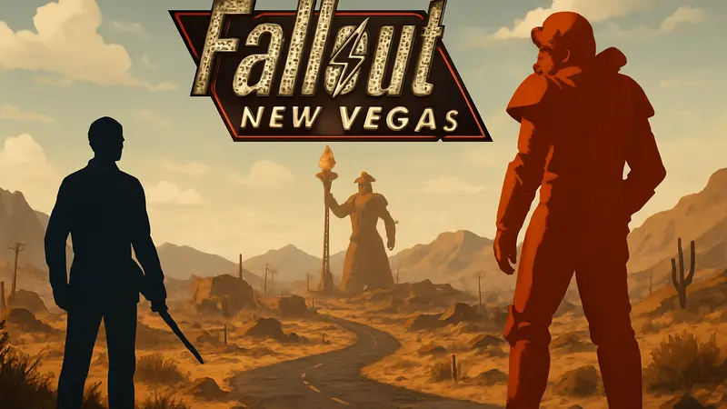 Логотип Fallout New Vegas на фоне пустошей Мохаве, игрок и персонаж