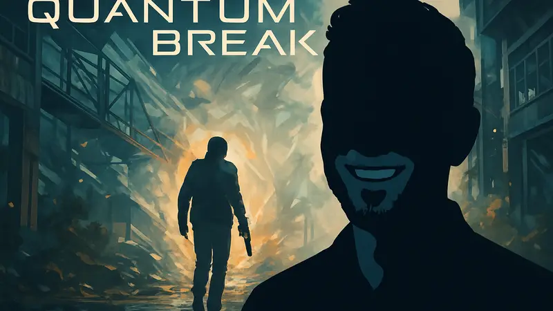 Шон Эшмор, актер Quantum Break, улыбающийся на фоне логотипа игры или скриншота из игры.