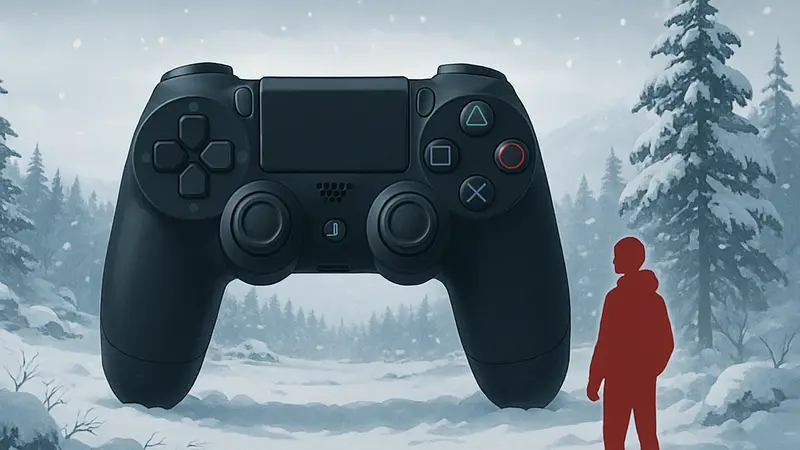 Игровой контроллер на фоне заснеженного пейзажа, символизирующий зимние игры.