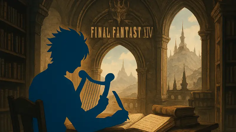 Обложка или арт Final Fantasy XIV с намёком на музыкальную тему и исследование.