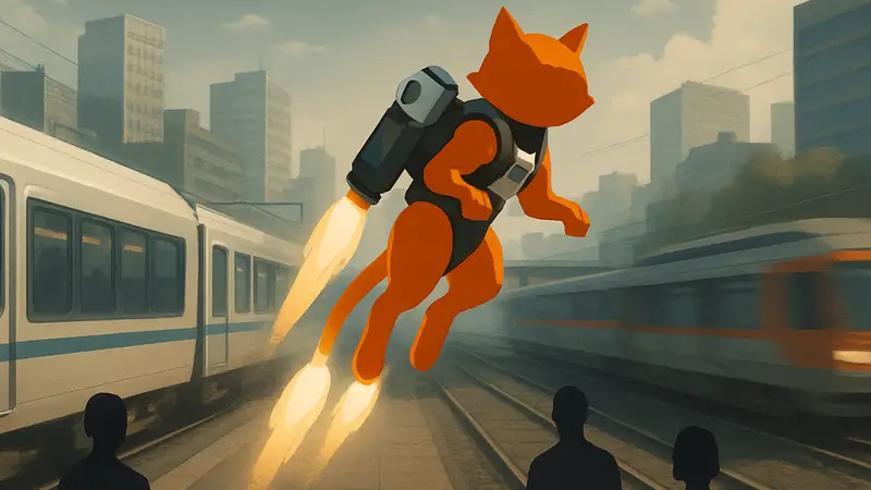 Jetpack Cat из Overwatch, возможно, на фоне движущихся поездов или дорожного движения.
