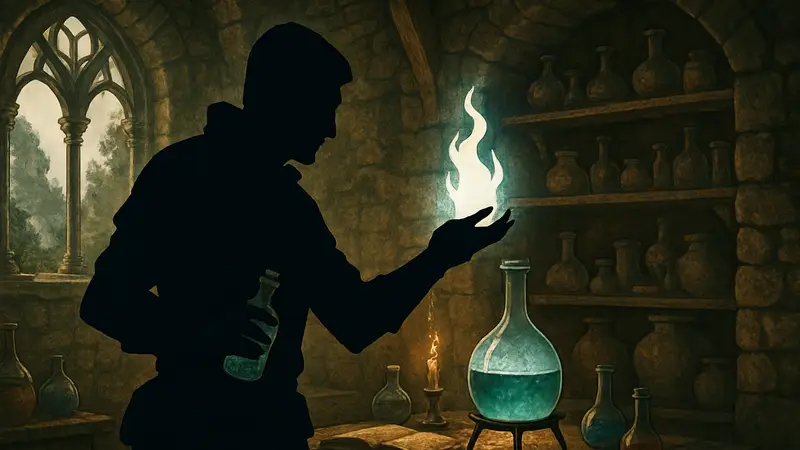 Персонаж из Gothic 1 Remake колдует над алхимическим столом, готовя зелья.