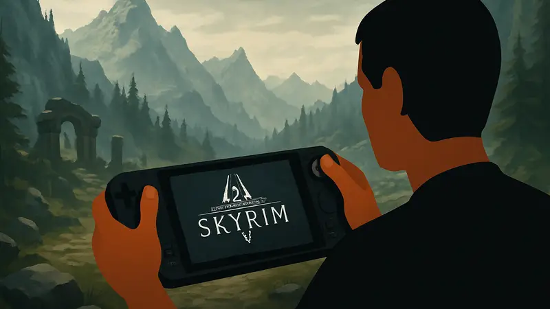 Игрок запускает The Elder Scrolls V: Skyrim на портативной консоли Steam Deck.
