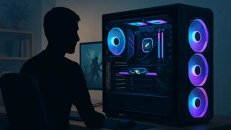 Геймерский ПК на столе рядом с монитором, демонстрирующий подсветку и комплектующие.
