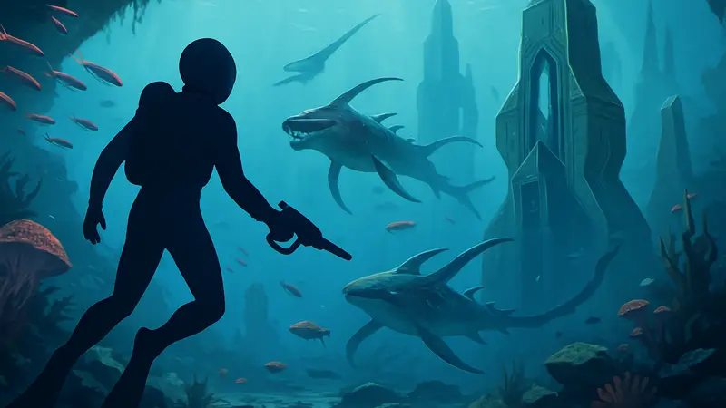 Кадр из Subnautica 2: игрок исследует подводный подводный мир с морскими существами и инопланетными структурами.