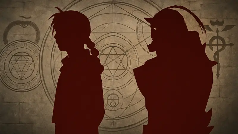 Персонажи манги и аниме Fullmetal Alchemist, братья Элрики, на фоне алхимических символов.