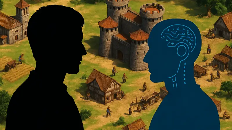 Игровой скриншот Age of Empires, символизирующий ИИ и человеческое сознание.