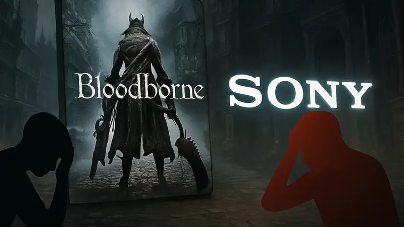 Обложка Bloodborne и логотип Sony на фоне фанатского проекта, который был отменен, символизируя разочарование фанатов.