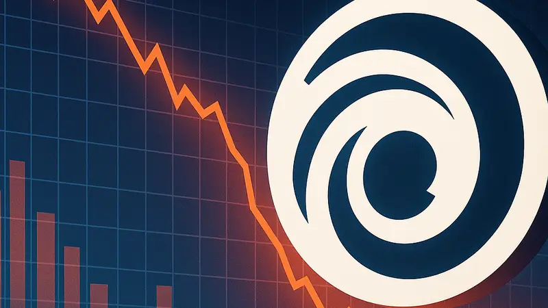 Логотип Ubisoft на фоне графика падающих акций, символизирующий кризис компании