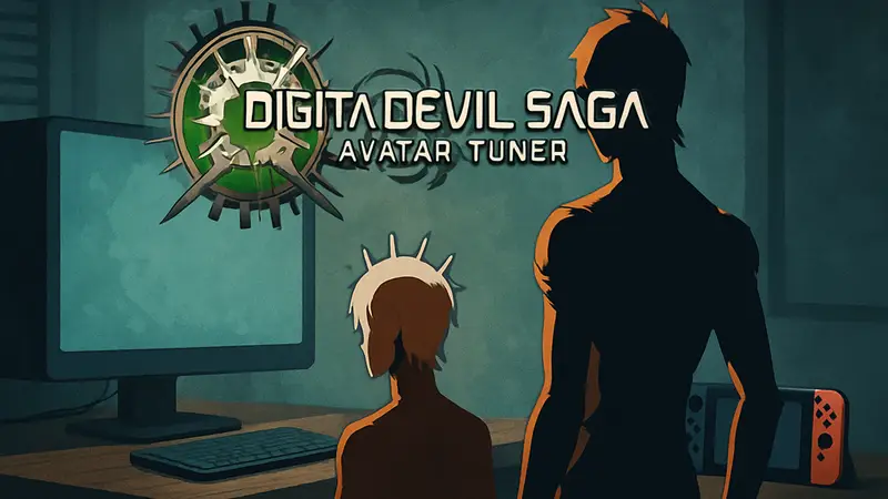Логотип Digital Devil Saga: Avatar Tuner на фоне консолей ПК и Nintendo Switch.