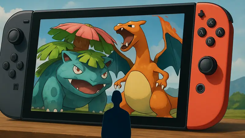 Арт с покемонами Чаризардом и Венусавром из Pokémon FireRed и LeafGreen на фоне Switch 2.