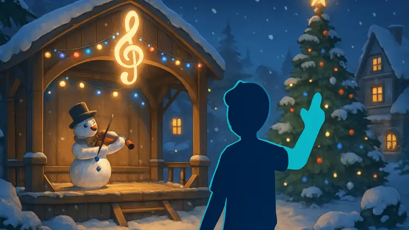 Игровой персонаж на «Снежном концерте» в Heartopia, иллюстрация гайда по квесту.