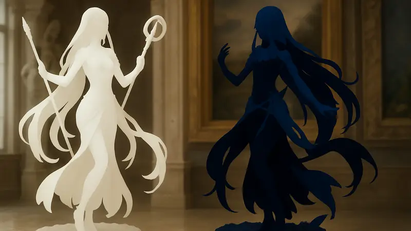 Изображение коллекционных статуй принцессы Азуры из серии Fire Emblem в двух образах: Светлой и Тёмной певицы.