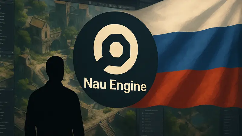 Логотип Nau Engine на фоне цифрового изображения игрового движка и российского флага