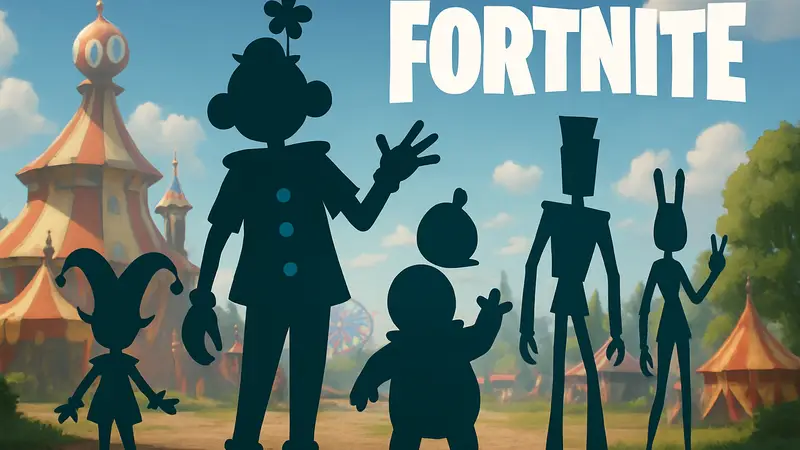 Персонажи из The Amazing Digital Circus в стиле Fortnite или логотип кроссовера.