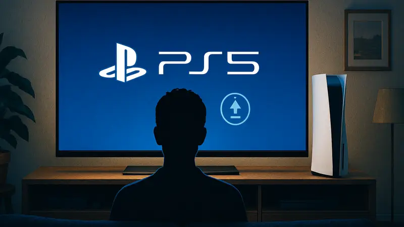 Логотип PlayStation 5 на экране консоли, демонстрирующий обновление прошивки.