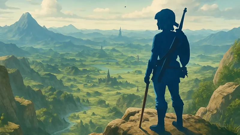 Игровой скриншот The Legend of Zelda: Breath of the Wild с Линком на горе и видом на открытый мир.