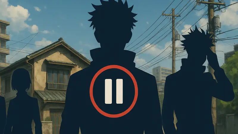 Арт персонажей из аниме Jujutsu Kaisen, возможно, с символом "стоп" или "пауза"