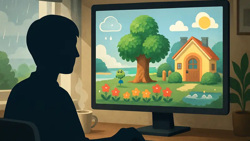 Интерфейс веб-приложения с фоновой музыкой Animal Crossing, показывающий время и погодные эффекты.