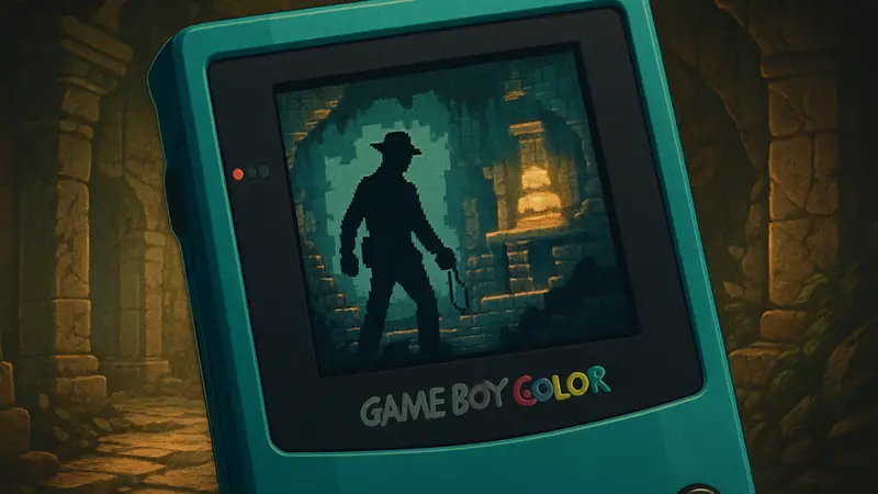 Пиксельная графика игры Fortune & Glory на экране Game Boy Color, стилизованная под приключения Индианы Джонса.