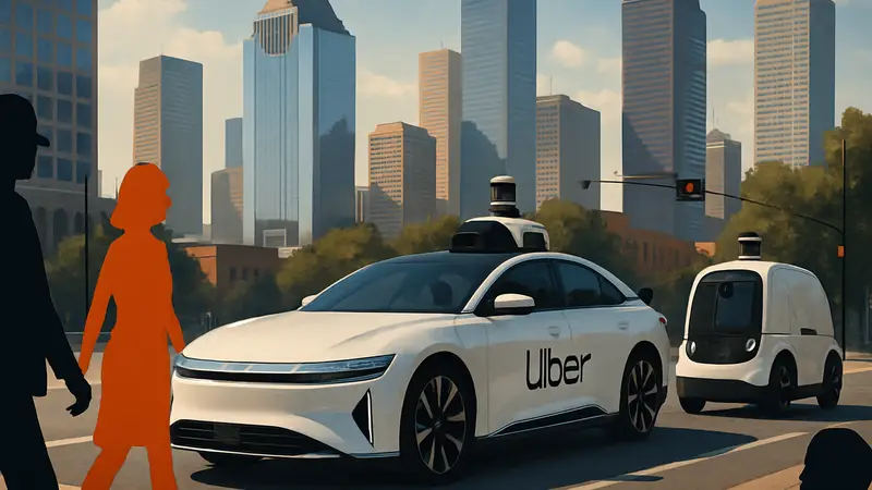 Брендированный автомобиль-роботакси Uber от Lucid и Nuro на улицах Хьюстона.