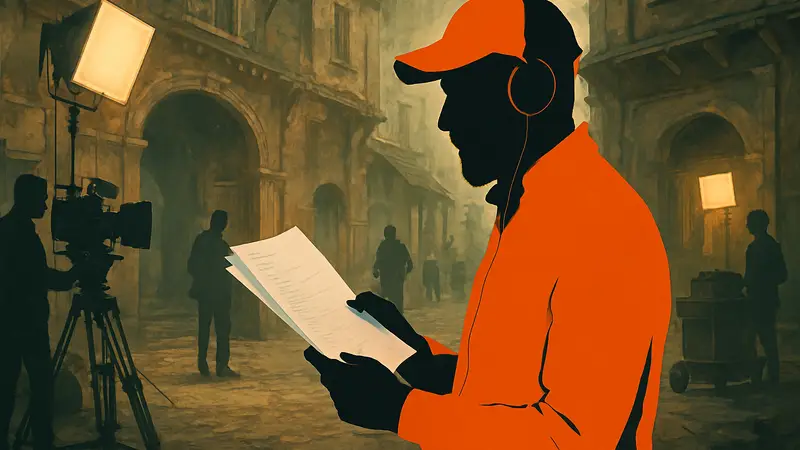 Режиссёр Гай Ричи на съёмочной площадке одного из своих фильмов, анализируя сценарий.