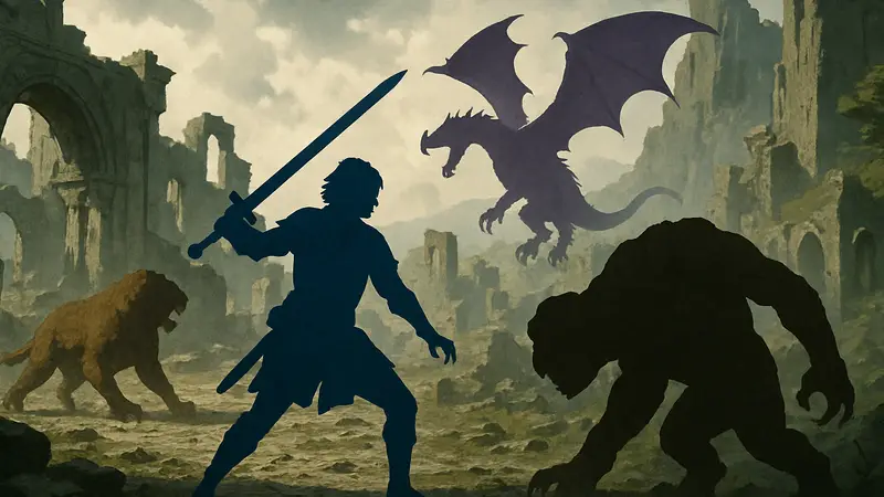 Главный герой Dragon's Dogma 2 в разрушенном эндгейм-мире, сражается с монстрами.